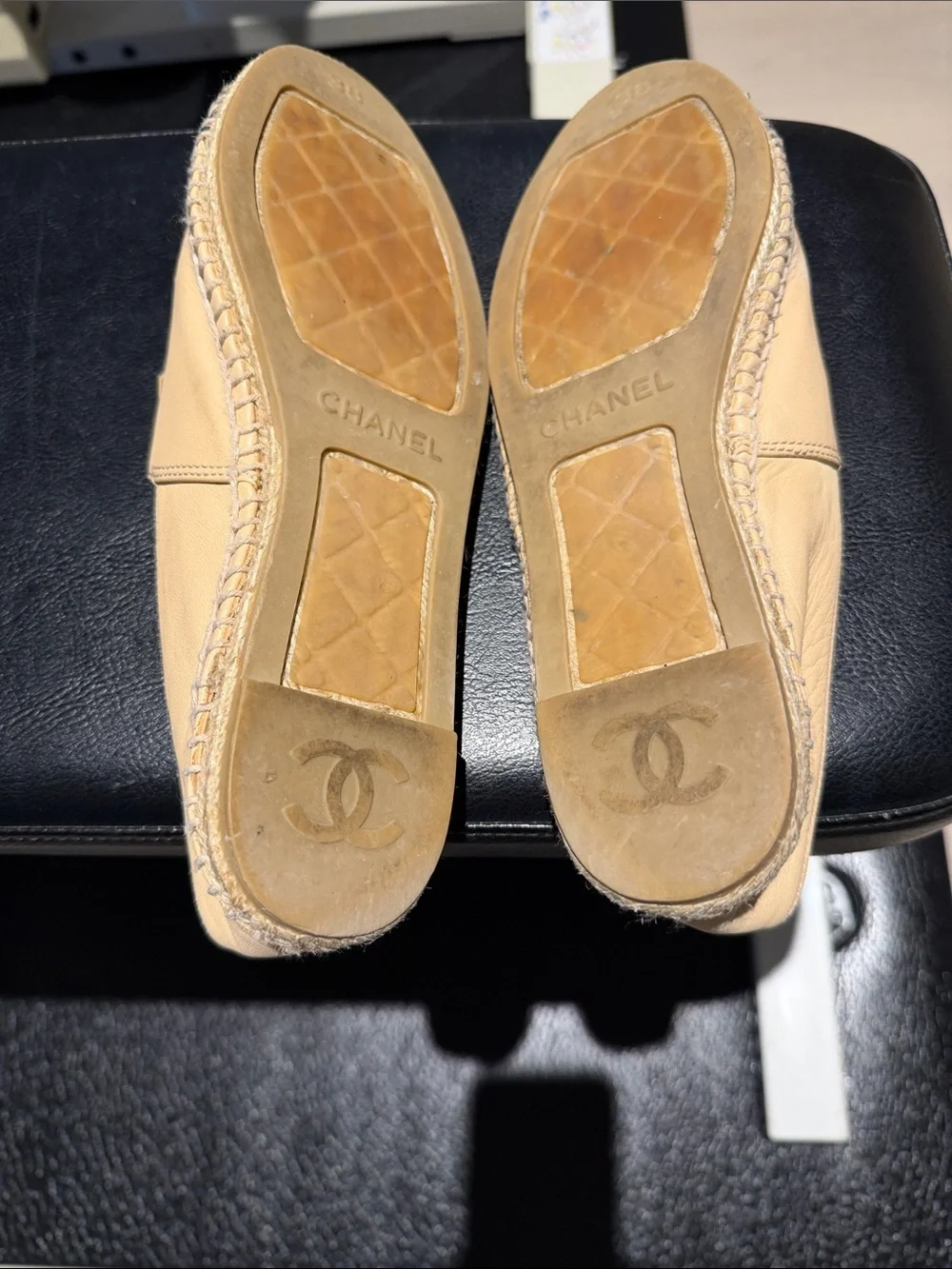 CHANEL Beige Leather Espadrilles with Black Cap Toe